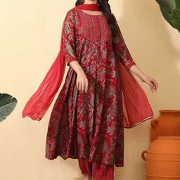 Sangria Women Ethnic Motifs Printed Empire Thread Work Chanderi Cotton Kurta with Trousers & With Dupatta-picture-29