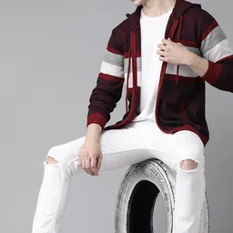 roadster Men Striped Hooded Neck Maroon Sweater image 4