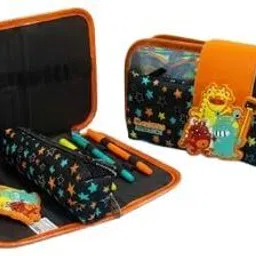 Kids Monster Pencil Case | Large Capacity School Supply Pouch | Black & Orange & Art Polyester Pencil Boxes-image-2