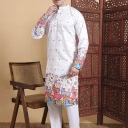 House of Pataudi Printed & Embroidered Cotton Straight Kurta image 3
