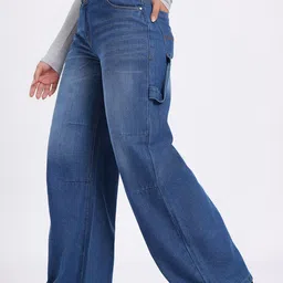 glitchez Women Strap Detail Asymmetric Closure Wide Leg Jeans-image-83