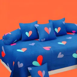 WELLNEST 8Pcs Blue & Red Heart Printed Cotton Diwan Set image 1