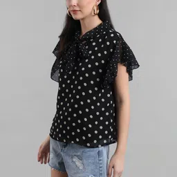 RC NEOEN Polka Dot Print Tie-Up Neck Flutter Sleeve Top image 3