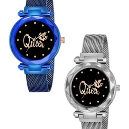 Gopal Shopcart Unisex Pack of 2 Bracelet Style Analogue Watch Queen Blue Silver Maganet-picture-18