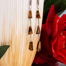 Shrim jewels Brass-Plated Tiger Eye Studded Oxidised Triangular Shaped Drop Earrings-picture-41