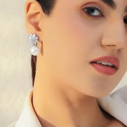 Rubans Rhodium-Plated Cubic Zirconia with White Pearls Drop Floral Studs image 4