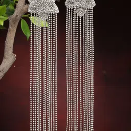 Moedbuille Silver-Plated Cubic Zirconia Studded Floral Shaped Tasselled Drop Earrings-image-94
