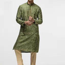 ASUKA Men Floral Embroidered Regular Thread Work Chanderi Silk Kurta with Trousers image 2