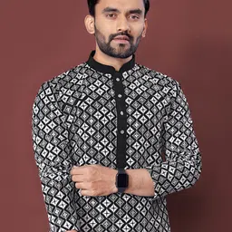 FoxDX Geometric Embroidered Mandarin Collar Pure Cotton Sequinned Straight Kurta image 3