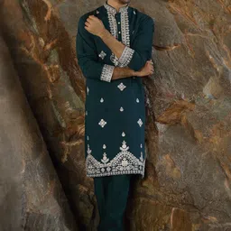 KRAFT INDIA LUXE Floral Embroidered Thread Work Cotton Silk Kurta With Trouser-image-26