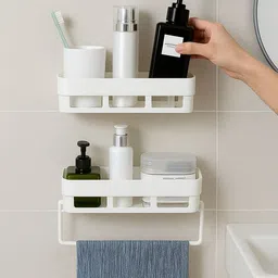 hatmeet PACK OF 3 | Shelves 2 + Towel Hanger 1 With Magic Sticker Plastic Bathroom Stand Plastic Wall Shelf-picture-29