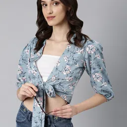 SHOWOFF Floral Printed Puffed Sleeves Tie-Ups Wrap Crop Top-picture-19