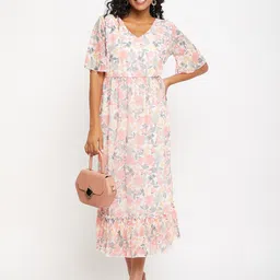 Bitterlime Floral Printed V-Neck Flared Sleeves Flounce Fit & Flare Midi Dress image 2