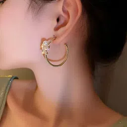 Estailo fashion Gold Plated Stones Studded and Beaded Circular Shaped Hoop Earrings-picture-54
