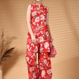 HERE&NOW Women Red Floral Printed Cotton Co-ords-picture-14