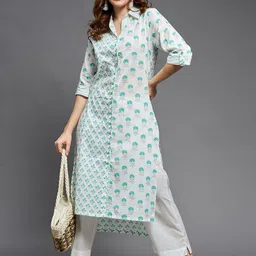 Indian Dobby Women White & Green Floral Printed Block Print Cotton Kurta image 3