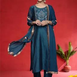 Varanga Women Floral Embroidered Regular Sequinned Chanderi Silk Kurta with Trousers & With Dupatta-picture-34