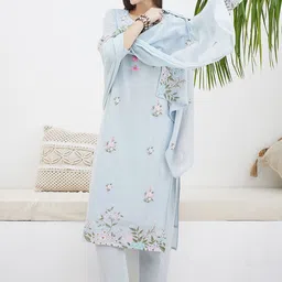 Indo Era Floral Embroidered Straight Thread Work Pure Cotton Kurta With Trousers & Dupatta image 4