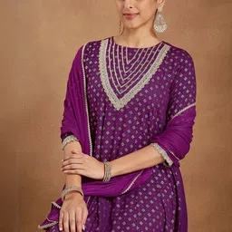 Janasya Ethnic Motifs Printed Panelled Gotta Patti A-Line Kurta With Palazzos & Dupatta image 4