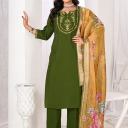 Larqi Women Floral Embroidered Regular Thread Work Chanderi Silk Kurta with Trousers & With Dupatta-picture-29
