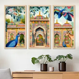 ArtVibes 3 Pcs Blue & Yellow Printed Rectangle Wall Art-picture-37