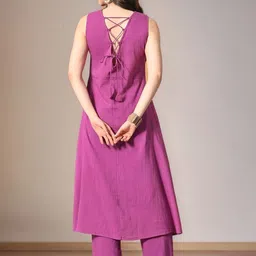 Sangria Embroidered Pure Cotton V- Neck A-Line Kurta & Trousers image 4