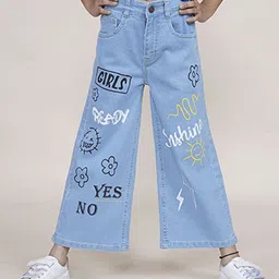 KiddoPanti Girls Jean Flared Low Distress Printed Stretchable Jeans image 1