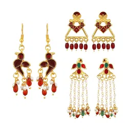 Stefan Gold-Plated Set Of 3 Bird Shaped Kundan Beaded Meenakari Drop Earrings-picture-18