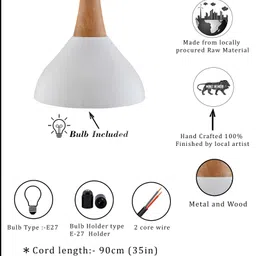 homesake Nate Metal Wood Pendant Light, White Metal Natural Hanging Ceiling Light, Pyramid Pendants Ceiling Lamp image 5