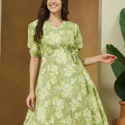 Janasya Women's Light Green Pure Cotton Floral Printed A-line Dress-picture-42