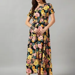 Raiyani Fashion Floral Printed Round Neck Gathered Or Pleated Casual A-Line Maxi Dress-image-36