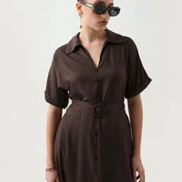 RAREISM Women Shirt Collar Belted Shirt Midi Dress-picture-41