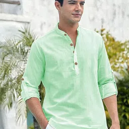 Navkanj Band Collar Roll-Up Sleeves Straight Short Kurta-picture-27