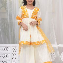 Little Bansi Girls Floral Embroidered Pure Cotton A-Line Kurta with Sharara & Dupatta-picture-3