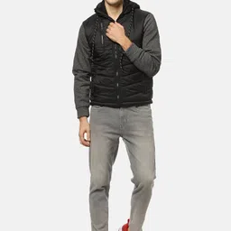 Campus Sutra Men Black & Charcoal Grey Windcheater Hooded Padded Jacket image 3