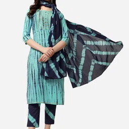 MIRCHI FASHION Women Turquoise Blue Striped Pleated Sequinned Kurti with Trousers & With Dupatta image 2
