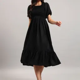 Raiyani Fashion Puff Sleeve Crepe A-Line Midi Dress-image-59