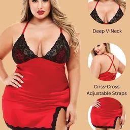 ZERJAMA Women Self Design Halter Neck Plus Size Baby Doll image 4