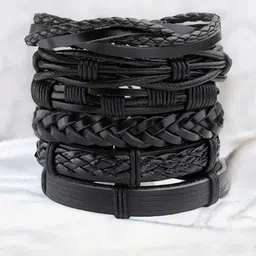 jewelgenics Black Multi-String Wristband Leather Bracelet For Men (pack of 6) image 4