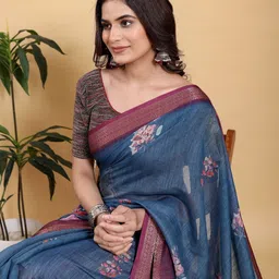 Moda Rapido Floral Zari Linen Blend Saree image 3