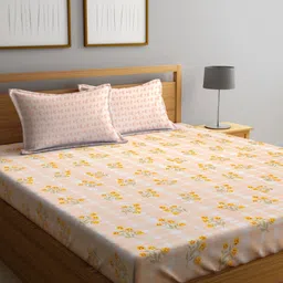 Myntra Elegant Homes Yellow Floral Printed 300 TC King Bedsheet Set- 2.50 m x 2.20 m-image-0
