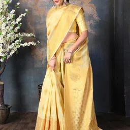 Areca Designer Ethnic Motifs Zari Linen Blend Banarasi Saree-image-85