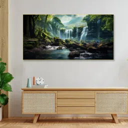 nestroots Gold Canvas Framed Serene Forest wild Waterfall Wall Painting(12X24 Inch)-picture-16