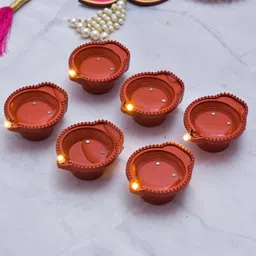 Water Sensor LED Light Battery Powered Flameless Indian Diya for Festival Candle Plastic (Pack of 6) Table Diya Set-image-7