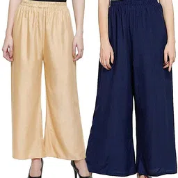 qeheem Pack of 2 Women Regular Fit Gold, Dark Blue Cotton Blend Trousers-picture-20