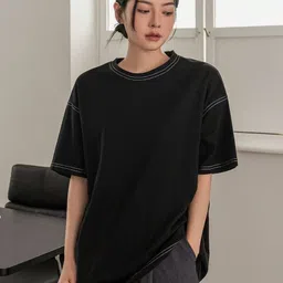 sixteenlines Women Solid Round Neck Cotton Blend Black T-Shirt-picture-20