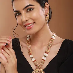 Saraf RS Jewellery Gold Plated Stones Studded & BeadedFiligree Long Maala Jewellery Set image 2