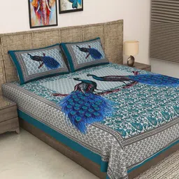 METRO LIVING Green & Blue Ethnic Motifs Printed Cotton 104 TC Queen Bedsheet Set-image-53