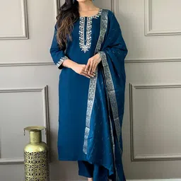 KALINI Women Floral Yoke Design Regular Thread Work Chanderi Silk Kurta with Trousers & With Dupatta image 1