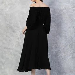 ZIVRA Women Self Design Off-Shoulder Georgette Fit & Flare Midi Dress image 5